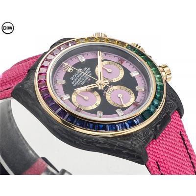 Daytona A7750 Automatic Chronograph Ladies Watch Best Editon DIWF Carbon Rainbow Diamond Black Dial Pink Nylon