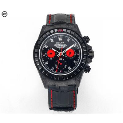 Daytona A7750 Automatic Chronograph Ladies Watch Best Editon DIWF Carbon Rainbow Diamond Black Dial Leahter