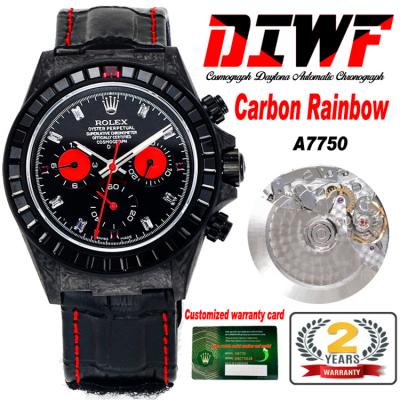 Daytona A7750 Automatic Chronograph Ladies Watch Best Editon DIWF Carbon Rainbow Diamond Black Dial Leahter