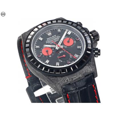 Daytona A7750 Automatic Chronograph Ladies Watch Best Editon DIWF Carbon Rainbow Diamond Black Dial Leahter