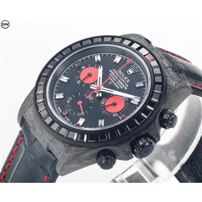 Daytona A7750 Automatic Chronograph Ladies Watch Best Editon DIWF Carbon Rainbow Diamond Black Dial Leahter