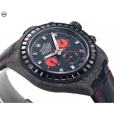 Daytona A7750 Automatic Chronograph Ladies Watch Best Editon DIWF Carbon Rainbow Diamond Black Dial Leahter