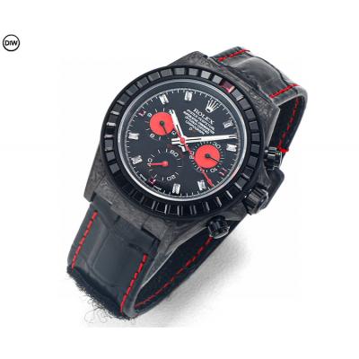 Daytona A7750 Automatic Chronograph Ladies Watch Best Editon DIWF Carbon Rainbow Diamond Black Dial Leahter