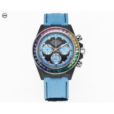 Daytona A7750 Automatic Chronograph Ladies Watch Best Editon DIWF Carbon Rainbow Diamond Black Dial Blue Nylon