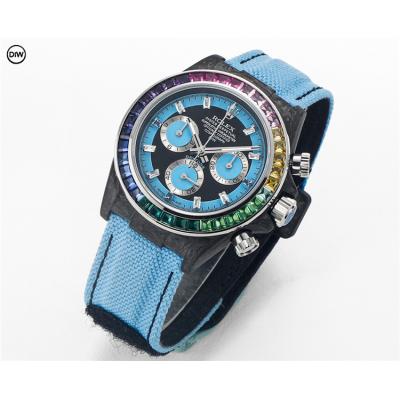 Daytona A7750 Automatic Chronograph Ladies Watch Best Editon DIWF Carbon Rainbow Diamond Black Dial Blue Nylon