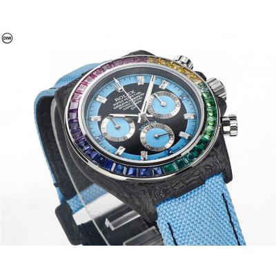 Daytona A7750 Automatic Chronograph Ladies Watch Best Editon DIWF Carbon Rainbow Diamond Black Dial Blue Nylon