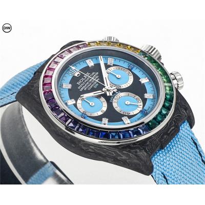 Daytona A7750 Automatic Chronograph Ladies Watch Best Editon DIWF Carbon Rainbow Diamond Black Dial Blue Nylon