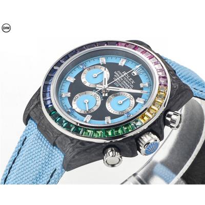 Daytona A7750 Automatic Chronograph Ladies Watch Best Editon DIWF Carbon Rainbow Diamond Black Dial Blue Nylon