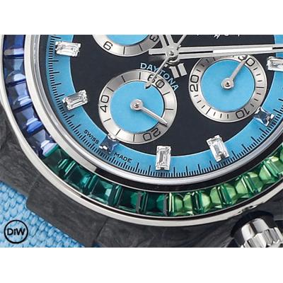 Daytona A7750 Automatic Chronograph Ladies Watch Best Editon DIWF Carbon Rainbow Diamond Black Dial Blue Nylon