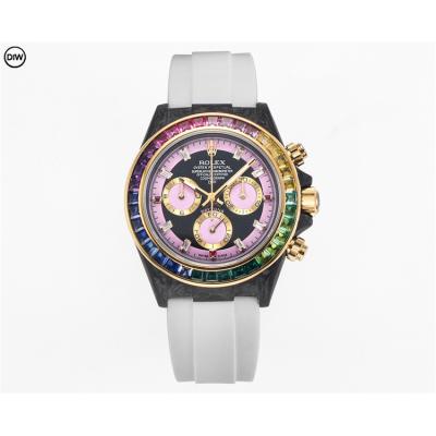 Daytona A7750 Automatic Chronograph Ladies Watch Best Editon DIWF Carbon Rainbow Diamond Black Dial White Rubber