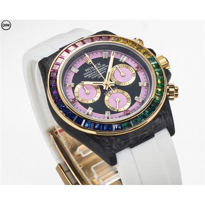 Daytona A7750 Automatic Chronograph Ladies Watch Best Editon DIWF Carbon Rainbow Diamond Black Dial White Rubber