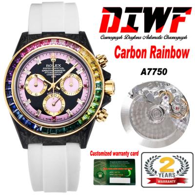 Daytona A7750 Automatic Chronograph Ladies Watch Best Editon DIWF Carbon Rainbow Diamond Black Dial White Rubber