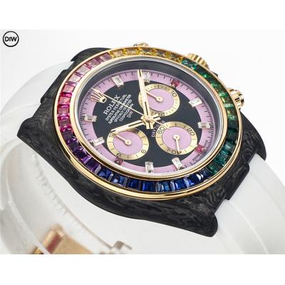 Daytona A7750 Automatic Chronograph Ladies Watch Best Editon DIWF Carbon Rainbow Diamond Black Dial White Rubber