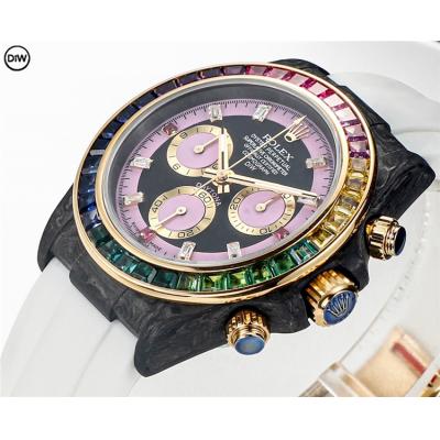 Daytona A7750 Automatic Chronograph Ladies Watch Best Editon DIWF Carbon Rainbow Diamond Black Dial White Rubber