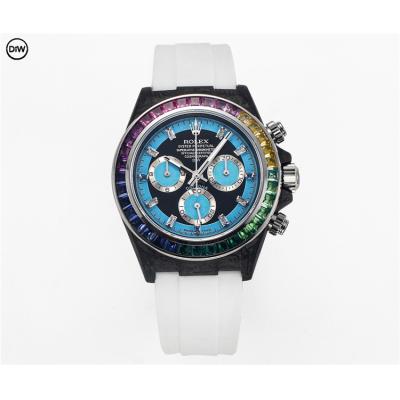 Daytona A7750 Automatic Chronograph Ladies Watch Best Editon DIWF Carbon Rainbow Diamond Blue Dial White Rubber