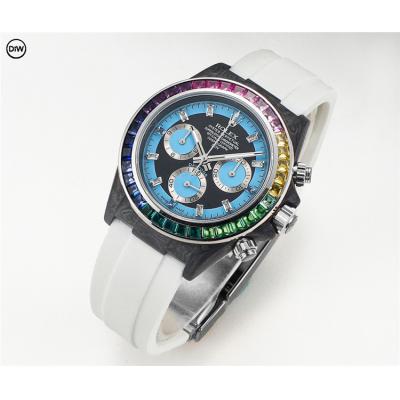 Daytona A7750 Automatic Chronograph Ladies Watch Best Editon DIWF Carbon Rainbow Diamond Blue Dial White Rubber