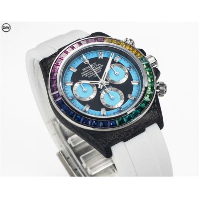 Daytona A7750 Automatic Chronograph Ladies Watch Best Editon DIWF Carbon Rainbow Diamond Blue Dial White Rubber