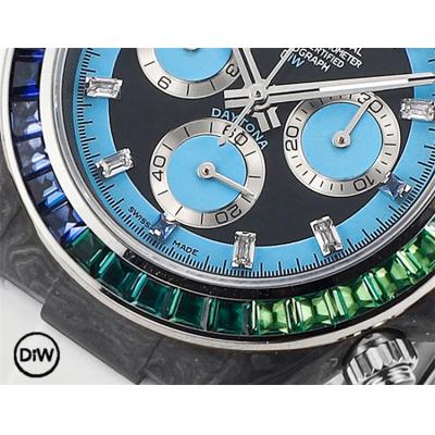 Daytona A7750 Automatic Chronograph Ladies Watch Best Editon DIWF Carbon Rainbow Diamond Blue Dial White Rubber