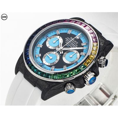 Daytona A7750 Automatic Chronograph Ladies Watch Best Editon DIWF Carbon Rainbow Diamond Blue Dial White Rubber