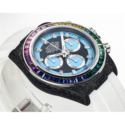 Daytona A7750 Automatic Chronograph Ladies Watch Best Editon DIWF Carbon Rainbow Diamond Blue Dial White Rubber