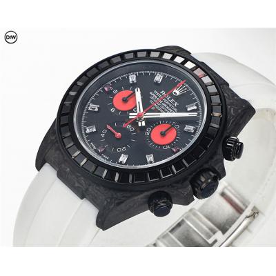 Daytona A7750 Automatic Chronograph Ladies Watch Best Editon DIWF Carbon Black Diamond Red Dial White Rubber