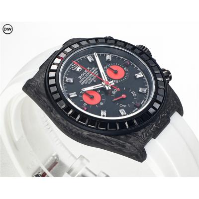 Daytona A7750 Automatic Chronograph Ladies Watch Best Editon DIWF Carbon Black Diamond Red Dial White Rubber