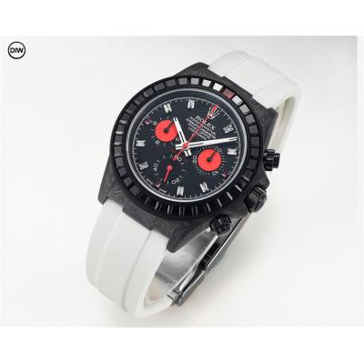 Daytona A7750 Automatic Chronograph Ladies Watch Best Editon DIWF Carbon Black Diamond Red Dial White Rubber