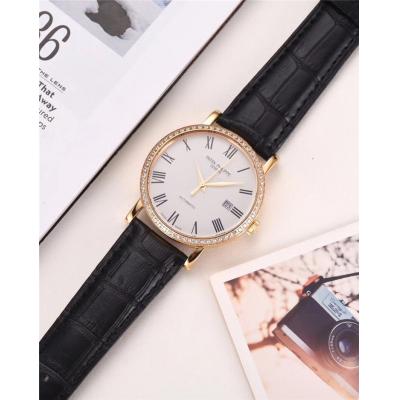 Replica Calatrava A21j Automatic Movement Mens Watch White Dial Diamonds Case Leather Strap A E10