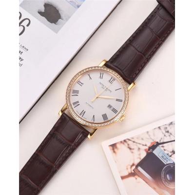 Replica Calatrava A21j Automatic Movement Mens Watch White Dial Diamonds Case Leather Strap A E10