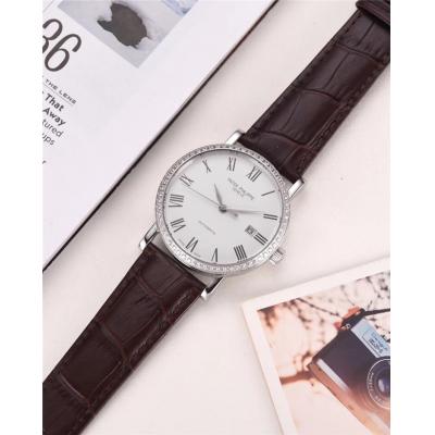 Replica Calatrava A21j Automatic Movement Mens Watch White Dial Diamonds Case Leather Strap A E10