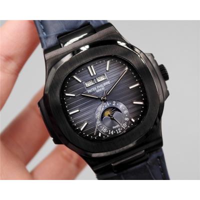 Replica Nautilus A21j Automatic Movement Mens Watch Black Dial Leather Strap E E18