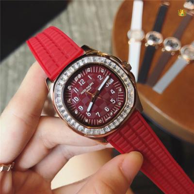 Replica Nautilus Japan Quartz Movement Womens Watch Red Dial Diamonds Case Rubber Strap E24