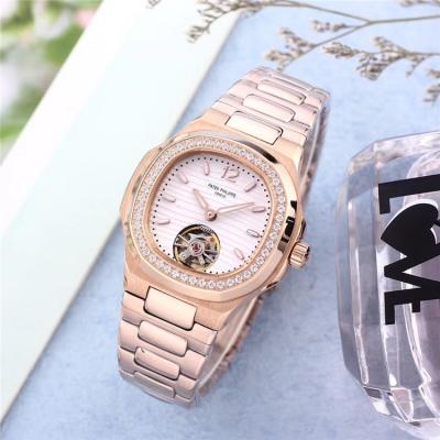 Replica Nautilus A21j Automatic Movement Womens Watch White Tourbillon Dial Diamonds Case Rose Gold A E34