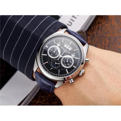 Replica Grand Complications Japan OS Quartz Chronograph Movement Mens Watch Black Dial Leather Strap B E35