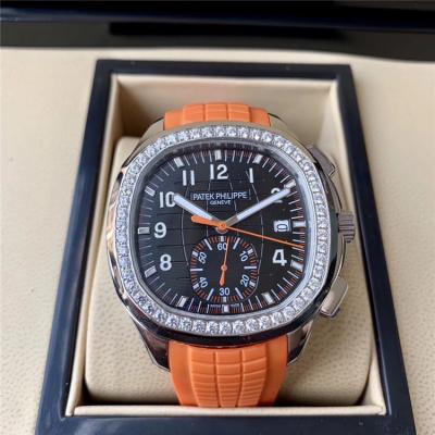 Replica Aquanaut Japan Quartz Chronograph Movement Mens Watch Black Dial Diamonds Case Rubber Strap E39