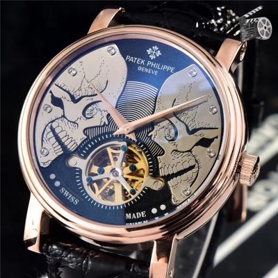 Replica Calatrava A21j Automatic Movement Mens Watch Skeleton Dial Leather Strap E62