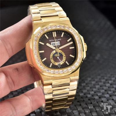 Replica Nautilus A2813 Automatic Movement Mens Watch White Dial Diamonds Case Yellow Gold B E79