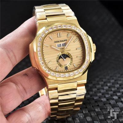 Replica Nautilus A2813 Automatic Movement Mens Watch White Dial Diamonds Case Yellow Gold B E79