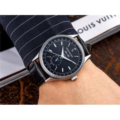 Replica Grand Complications A21j Automatic Movement Mens Watch Black Dial Diamonds Case Leather Strap E83