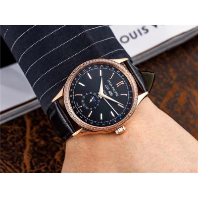 Replica Grand Complications A21j Automatic Movement Mens Watch Black Dial Diamonds Case Leather Strap E83