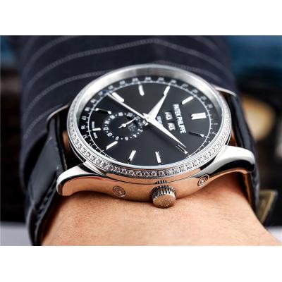 Replica Grand Complications A21j Automatic Movement Mens Watch Black Dial Diamonds Case Leather Strap E83