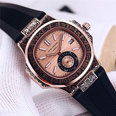 Replica Nautilus A21j Automatic Movement Mens Watch Blue Dial Vintage Engraving Rose Gold Case Rubber Strap A E128