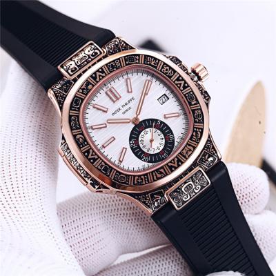 Replica Nautilus A21j Automatic Movement Mens Watch Blue Dial Vintage Engraving Rose Gold Case Rubber Strap A E128