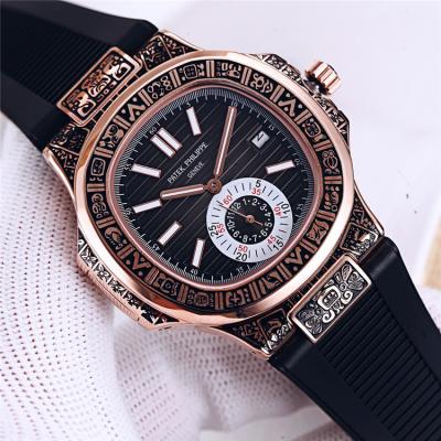 Replica Nautilus A21j Automatic Movement Mens Watch Blue Dial Vintage Engraving Rose Gold Case Rubber Strap A E128