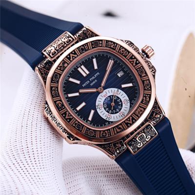 Replica Nautilus A21j Automatic Movement Mens Watch Blue Dial Vintage Engraving Rose Gold Case Rubber Strap A E128