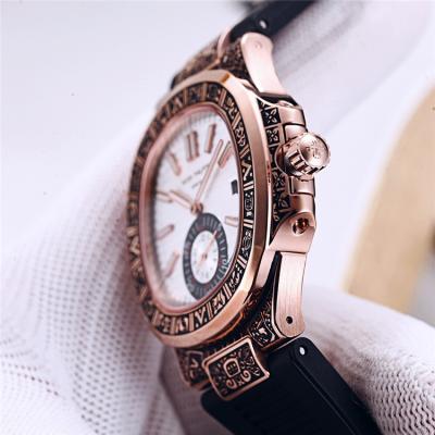 Replica Nautilus A21j Automatic Movement Mens Watch Blue Dial Vintage Engraving Rose Gold Case Rubber Strap A E128