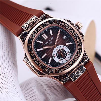 Replica Nautilus A21j Automatic Movement Mens Watch Blue Dial Vintage Engraving Rose Gold Case Rubber Strap A E128