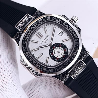 Replica Nautilus A21j Automatic Movement Mens Watch White Dial Vintage Engraving Steel Case Rubber Strap B E128