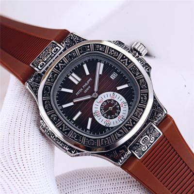 Replica Nautilus A21j Automatic Movement Mens Watch White Dial Vintage Engraving Steel Case Rubber Strap B E128