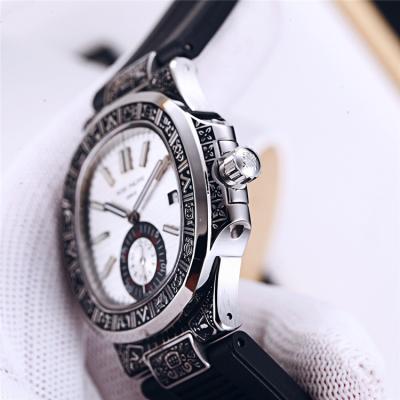 Replica Nautilus A21j Automatic Movement Mens Watch White Dial Vintage Engraving Steel Case Rubber Strap B E128